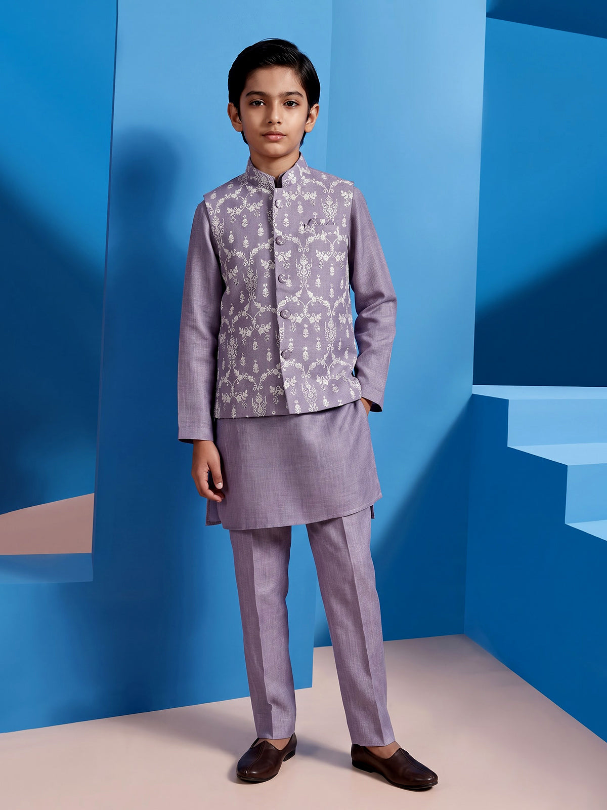Lavender purple cotton linen waistcoat set for boys