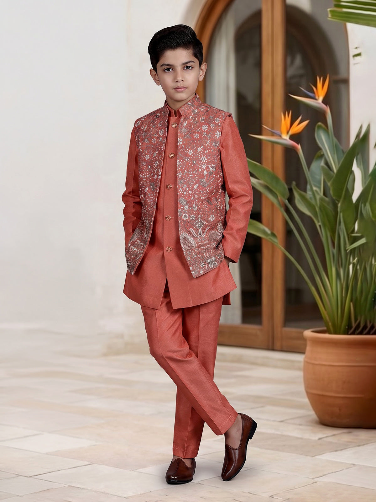 Rust silk blend boys indowestern suit with waist jacket