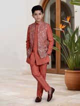 Rust silk blend boys indowestern suit with waist jacket