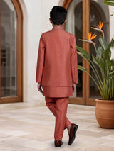 Rust silk blend boys indowestern suit with waist jacket