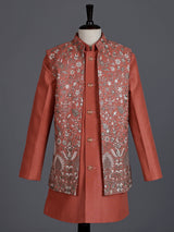 Rust silk blend boys indowestern suit with waist jacket