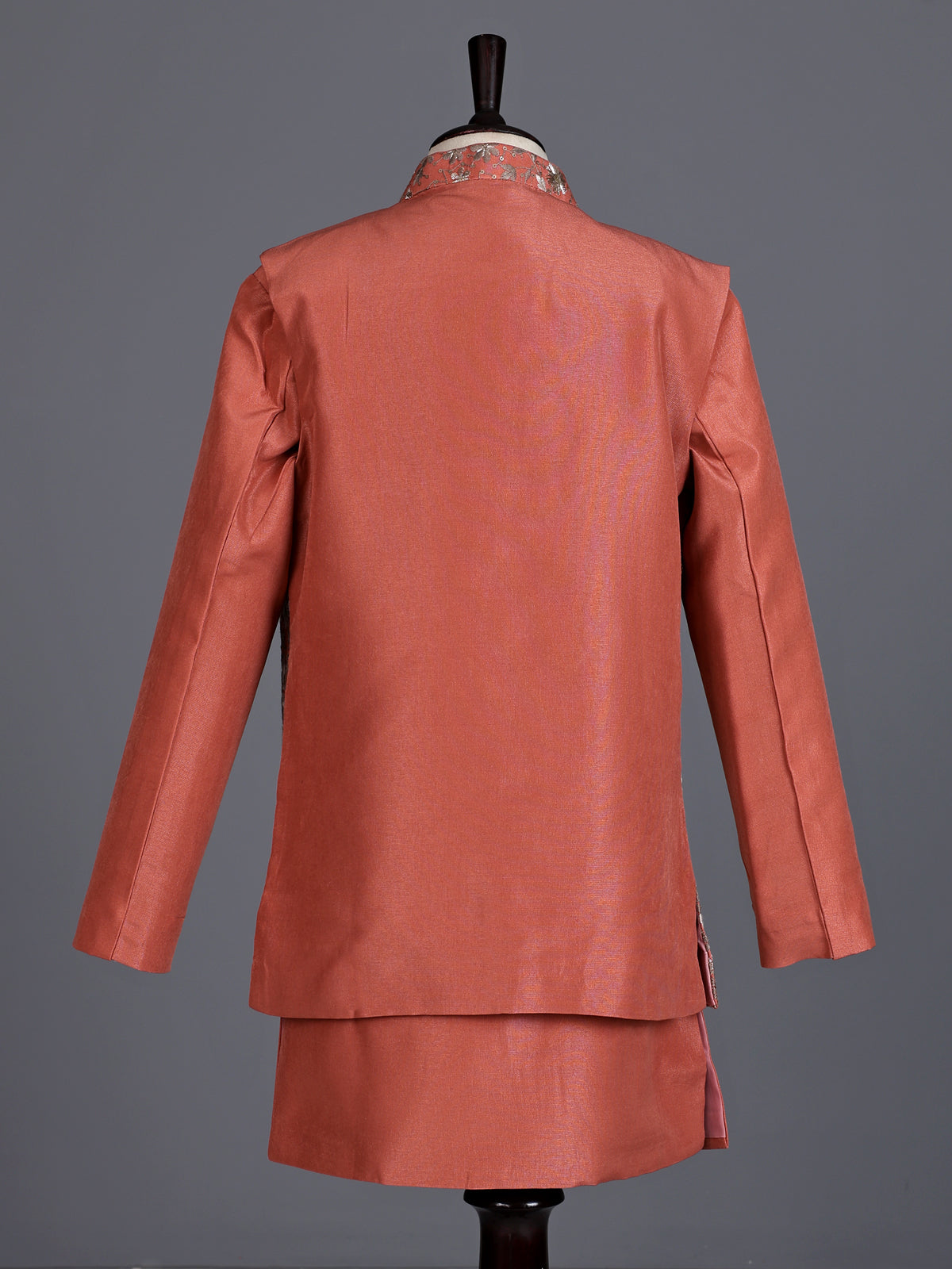 Rust silk blend boys indowestern suit with waist jacket