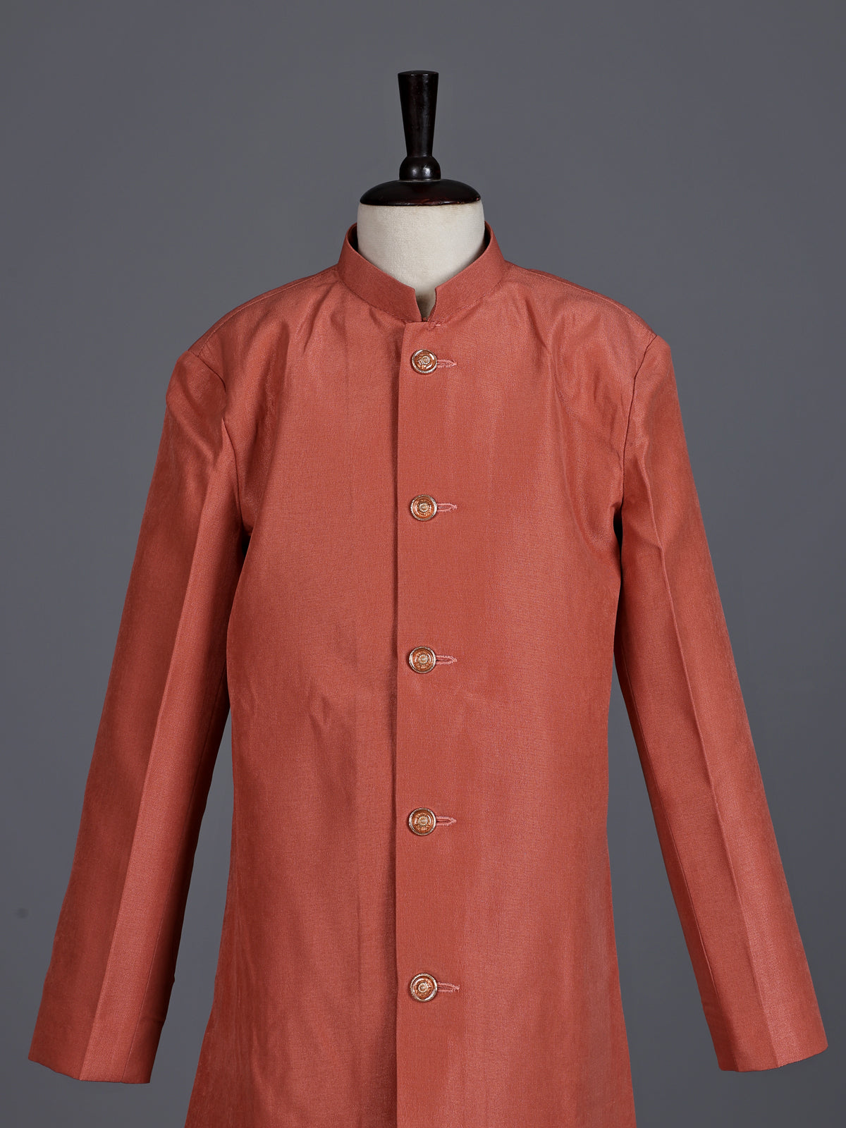 Rust silk blend boys indowestern suit with waist jacket