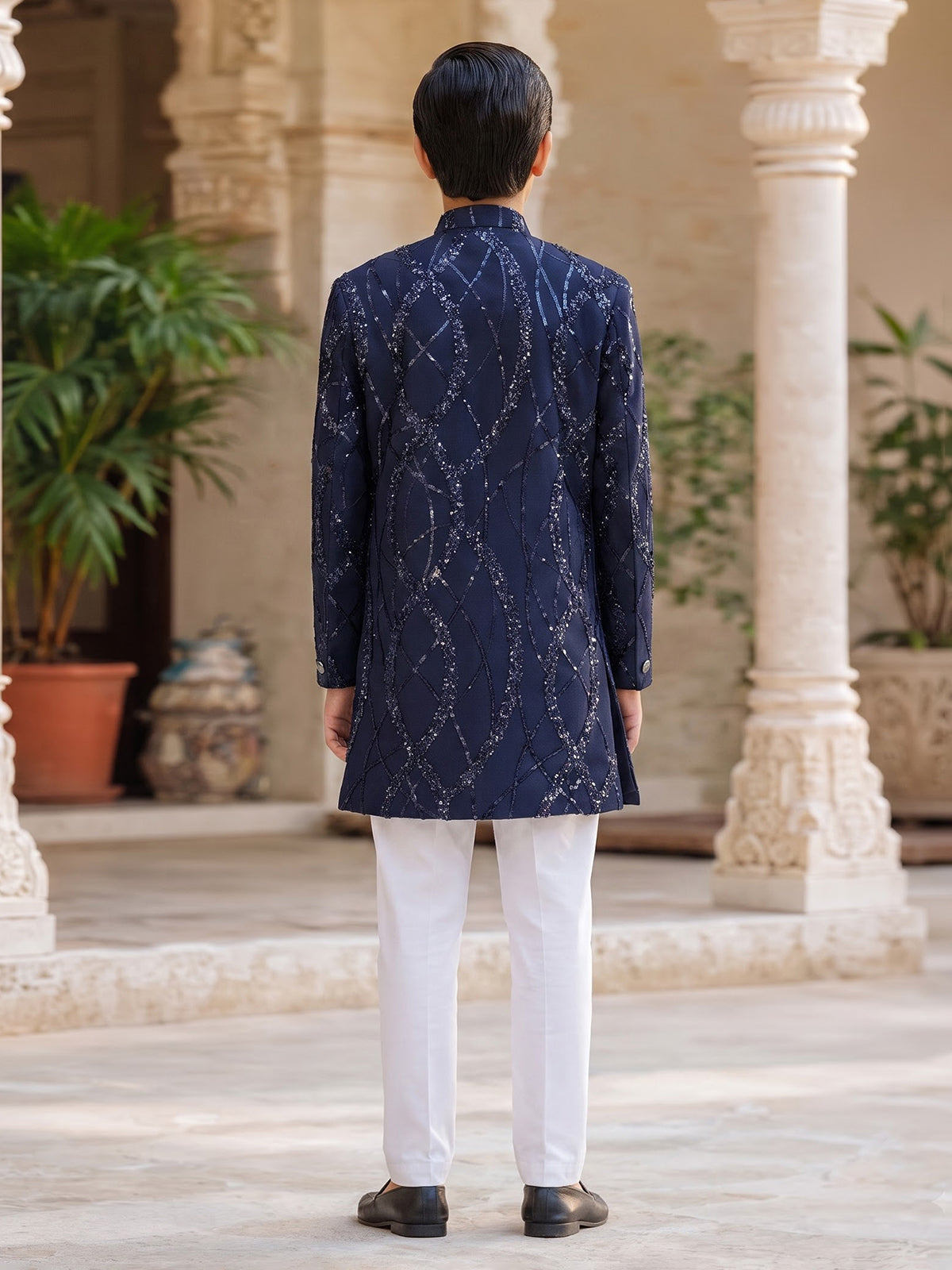 Navy blue boys terry rayon indowestern suit
