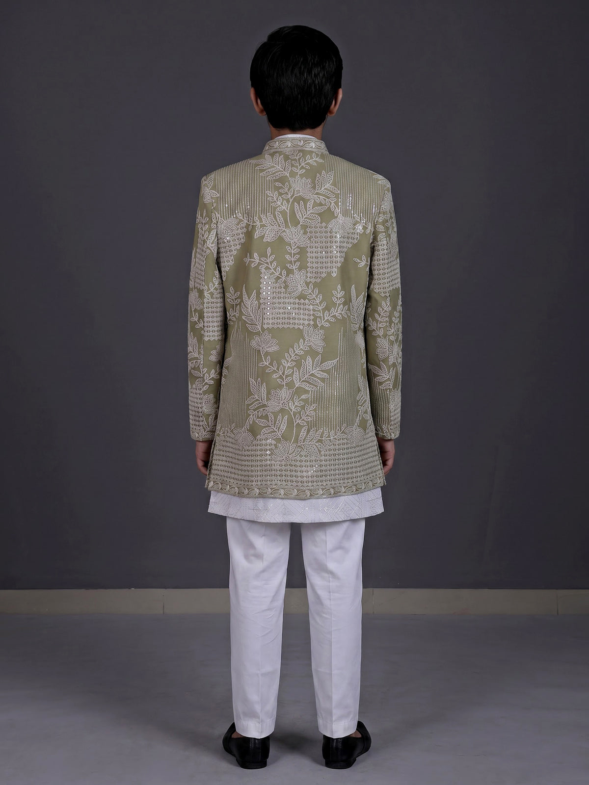 Pista green boys silk blend indowestern suit with embroidered jacket