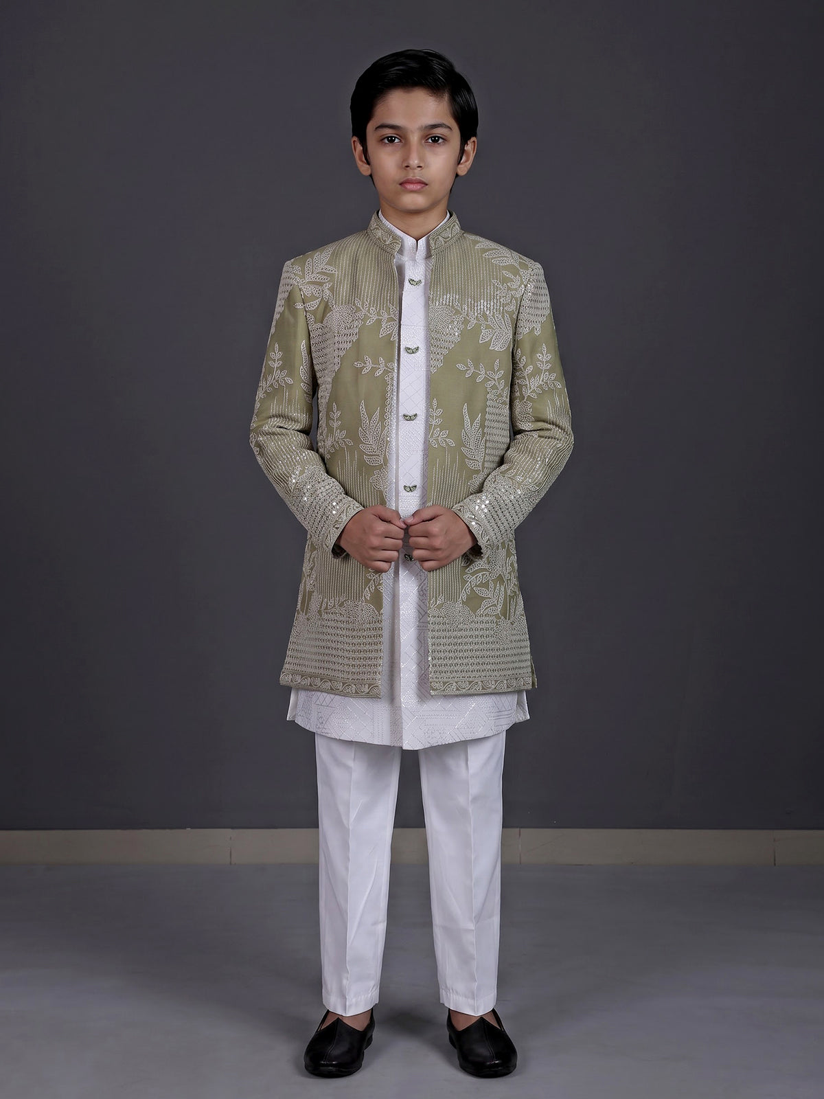 Pista green boys silk blend indowestern suit with embroidered jacket