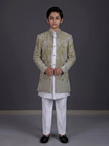 Pista green boys silk blend indowestern suit with embroidered jacket