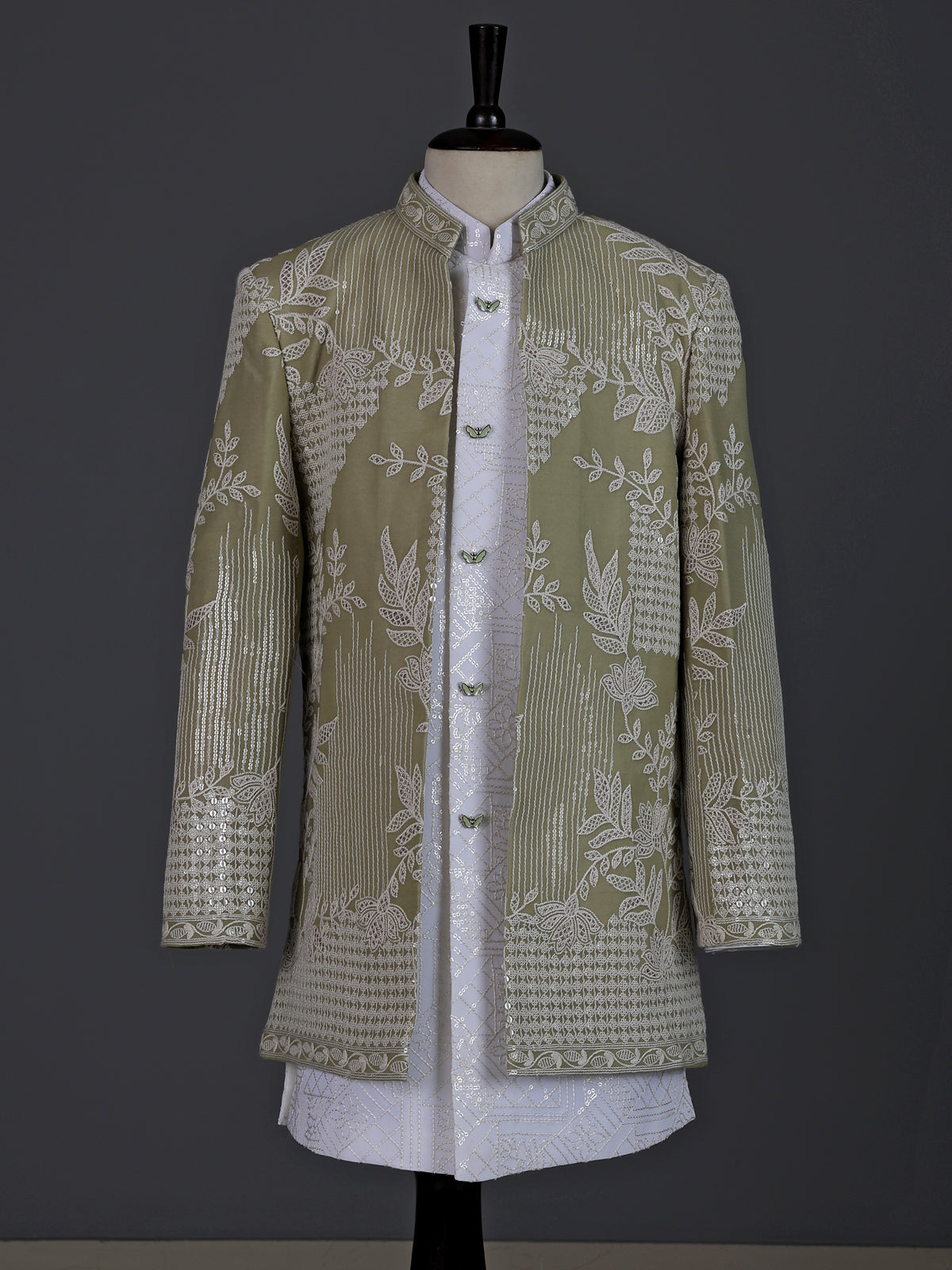 Pista green boys silk blend indowestern suit with embroidered jacket