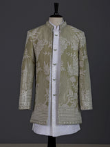 Pista green boys silk blend indowestern suit with embroidered jacket
