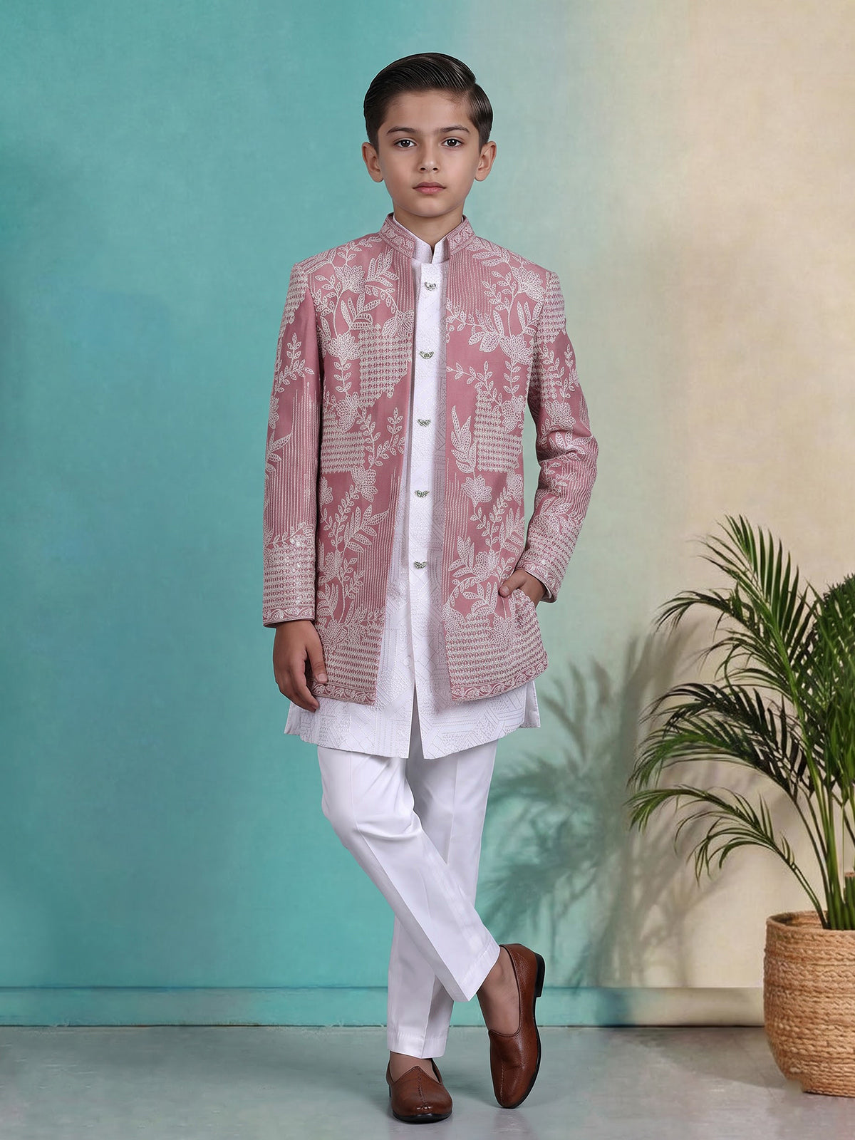 Blush pink boys indowestern suit with embroidered jacket