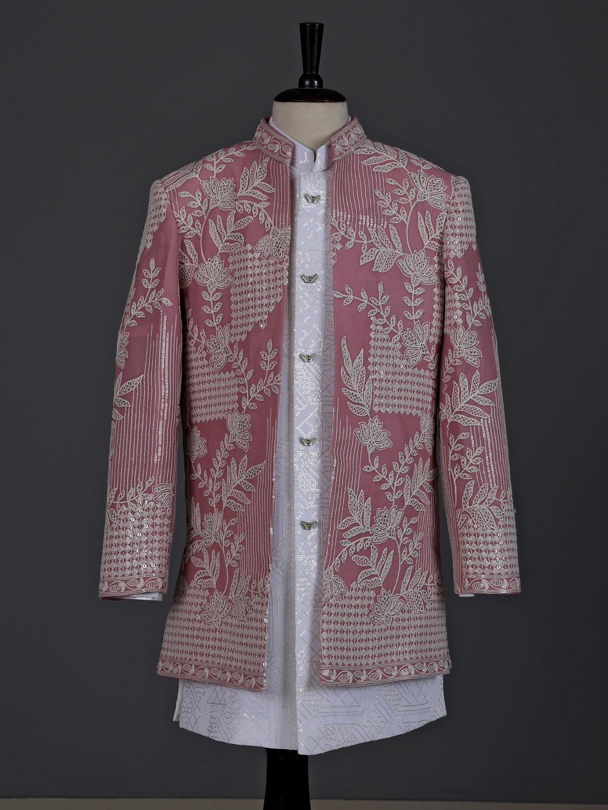 Blush pink boys indowestern suit with embroidered jacket