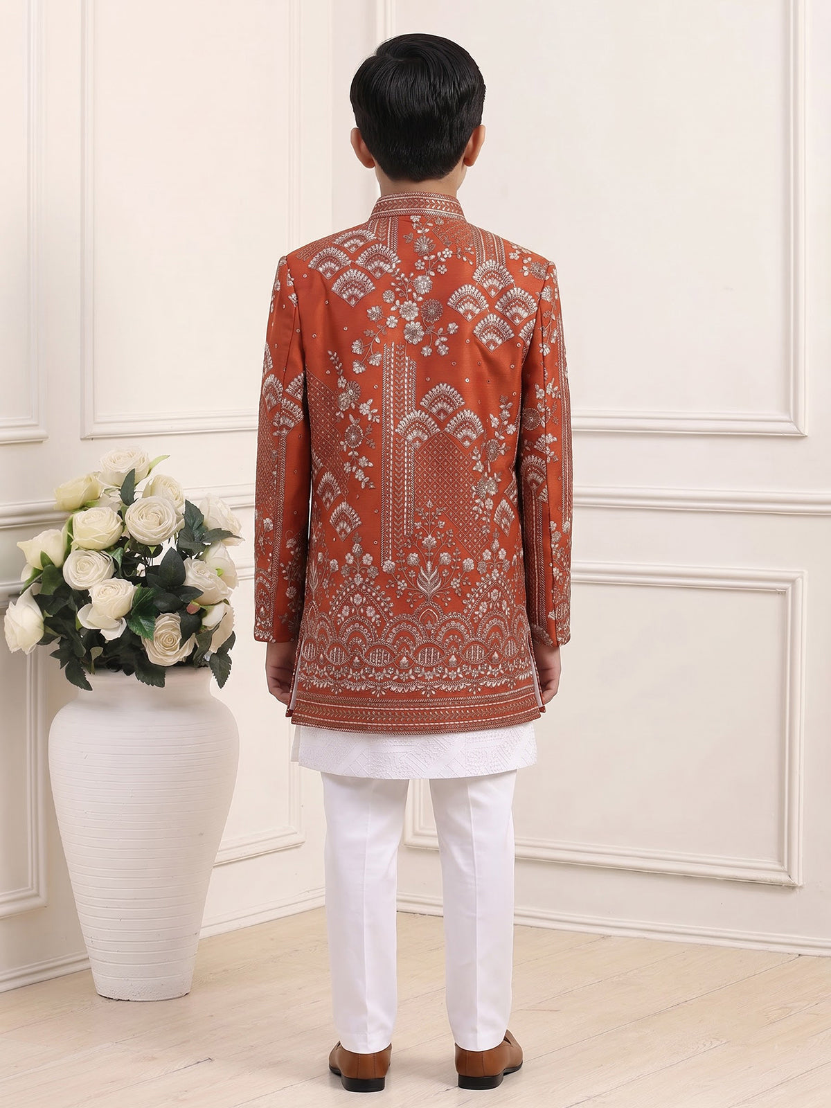 Rust orange boys indowestern suit with sequin jacket