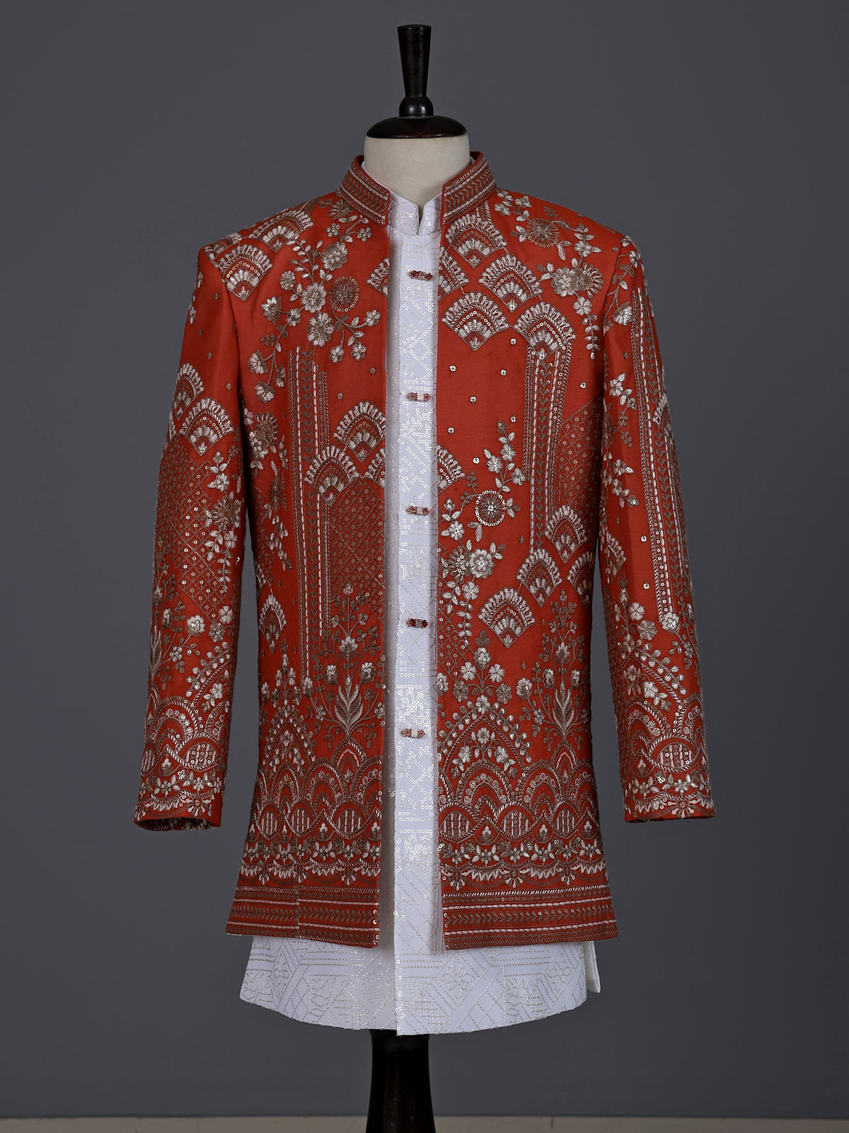 Rust orange boys indowestern suit with sequin jacket