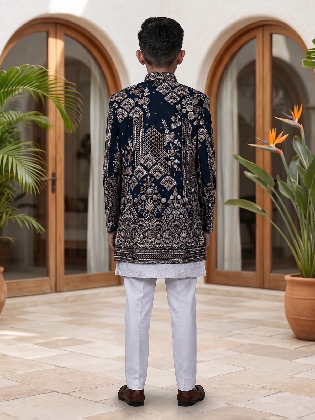 Dark navy blue boys indowestern suit with embellished jacket