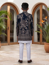 Dark navy blue boys indowestern suit with embellished jacket