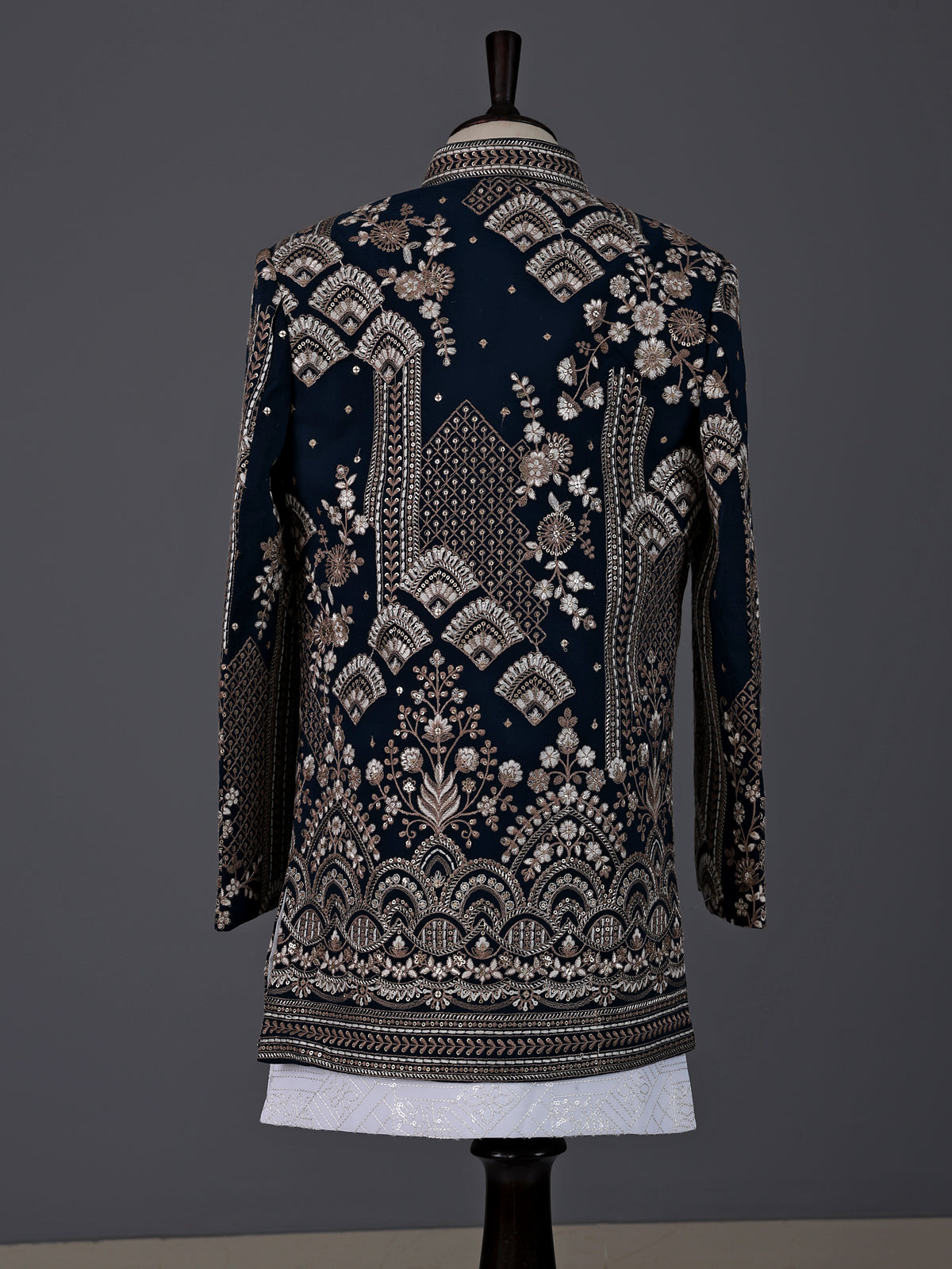 Dark navy blue boys indowestern suit with embellished jacket