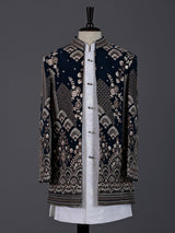 Dark navy blue boys indowestern suit with embellished jacket