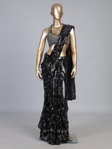 Black net ready to wear saree with diamond cutdana embellishments