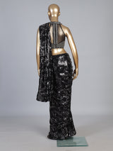 Black net ready to wear saree with diamond cutdana embellishments