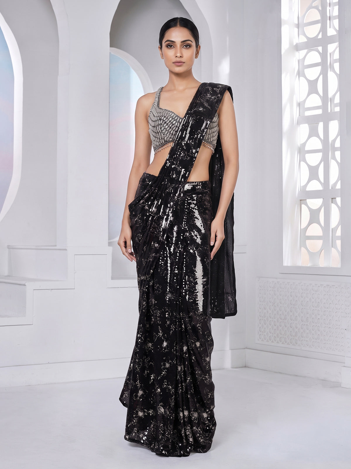Black net ready to wear saree with diamond cutdana embellishments