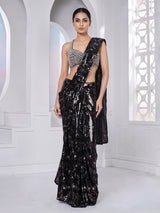 Black net ready to wear saree with diamond cutdana embellishments