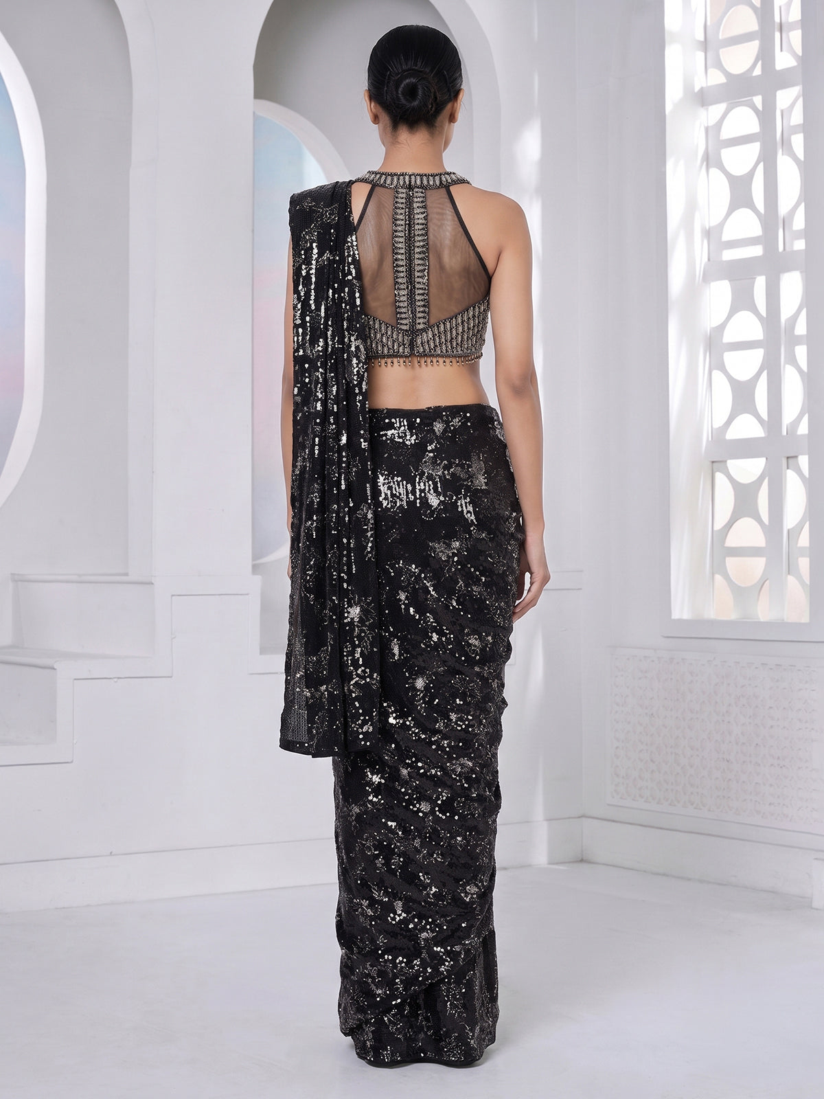 Black net ready to wear saree with diamond cutdana embellishments