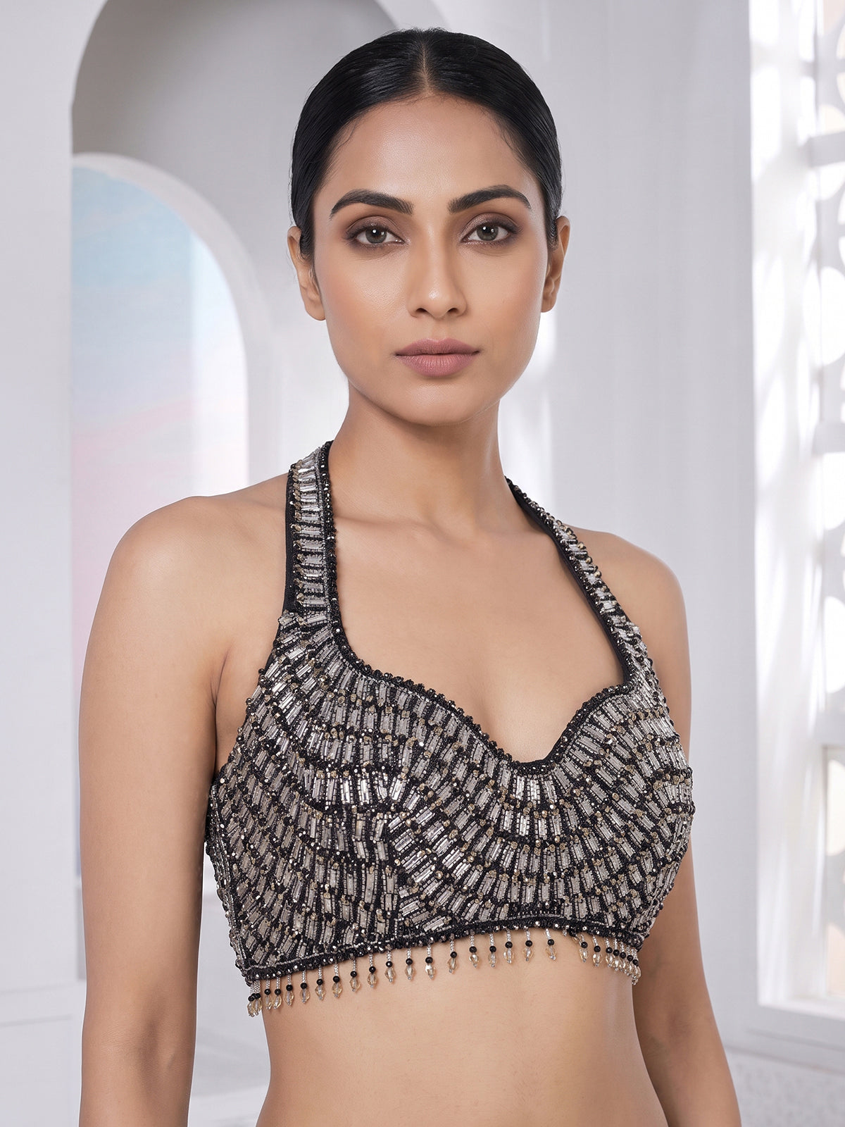 Black net ready to wear saree with diamond cutdana embellishments