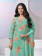 Sea green floral printed cotton silk festive salwar suit
