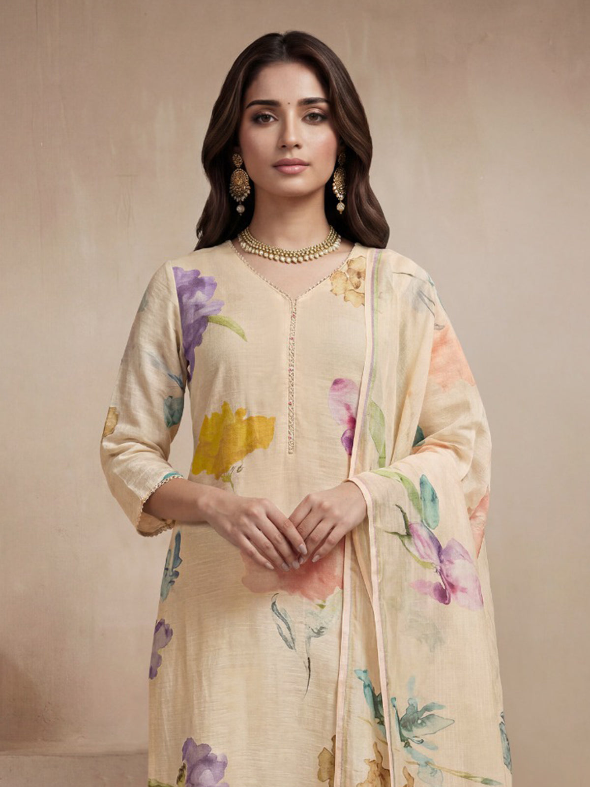 Beige printed linen silk festive salwar suit with dupatta