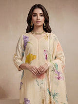 Beige printed linen silk festive salwar suit with dupatta