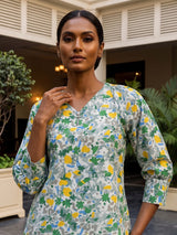 Green rayon cotton floral pant co ord set with flattering V neck