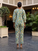 Green rayon cotton floral pant co ord set with flattering V neck