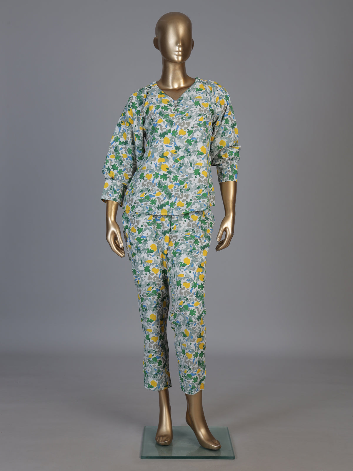 Green rayon cotton floral pant co ord set with flattering V neck