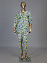 Green rayon cotton floral pant co ord set with flattering V neck