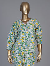 Green rayon cotton floral pant co ord set with flattering V neck