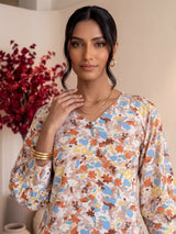 Brown rayon cotton floral pant co ord set with V neck styling
