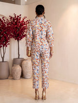 Brown rayon cotton floral pant co ord set with V neck styling