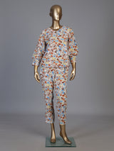 Brown rayon cotton floral pant co ord set with V neck styling