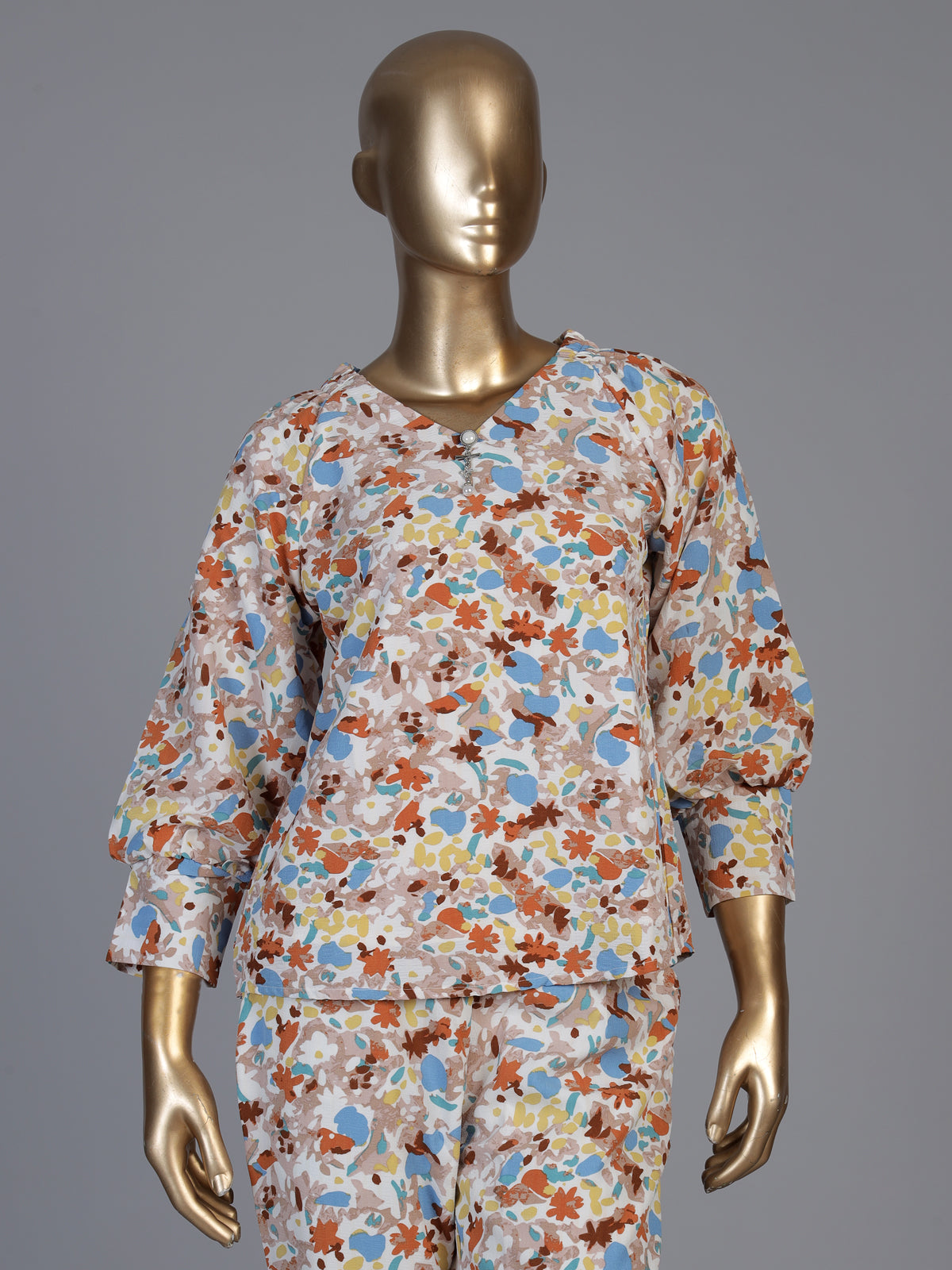 Brown rayon cotton floral pant co ord set with V neck styling