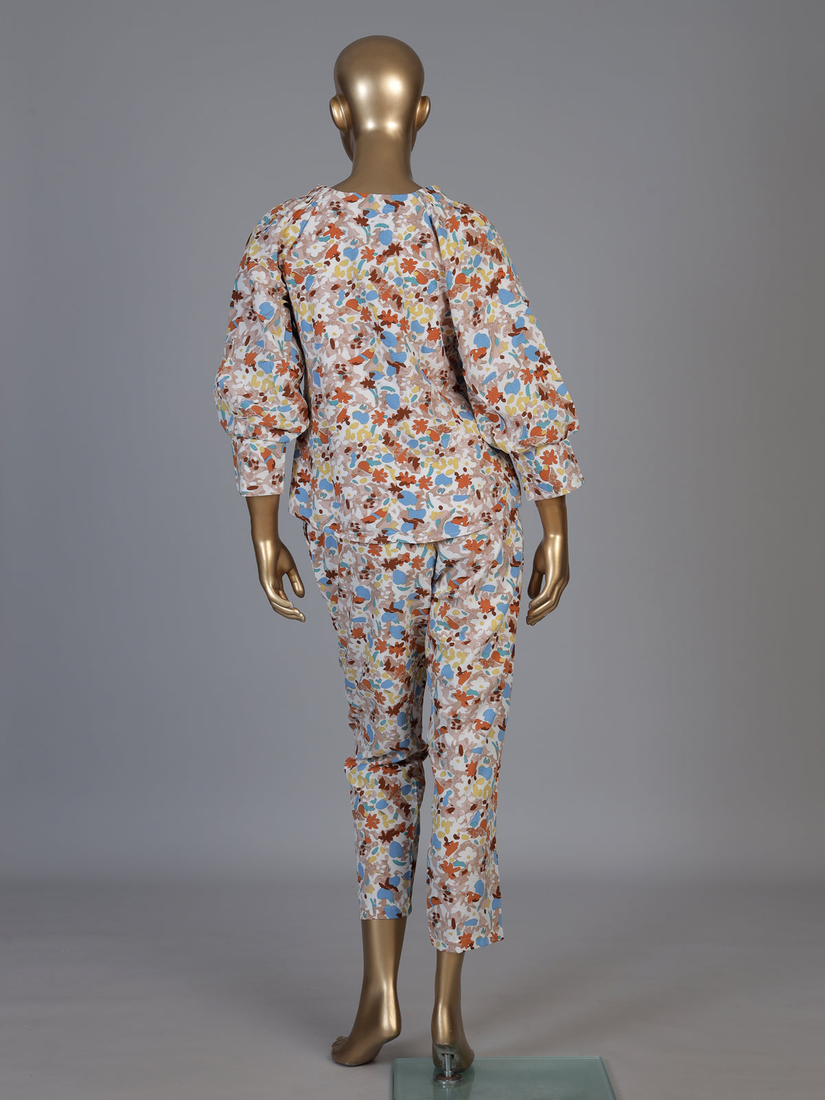 Brown rayon cotton floral pant co ord set with V neck styling