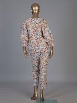 Brown rayon cotton floral pant co ord set with V neck styling