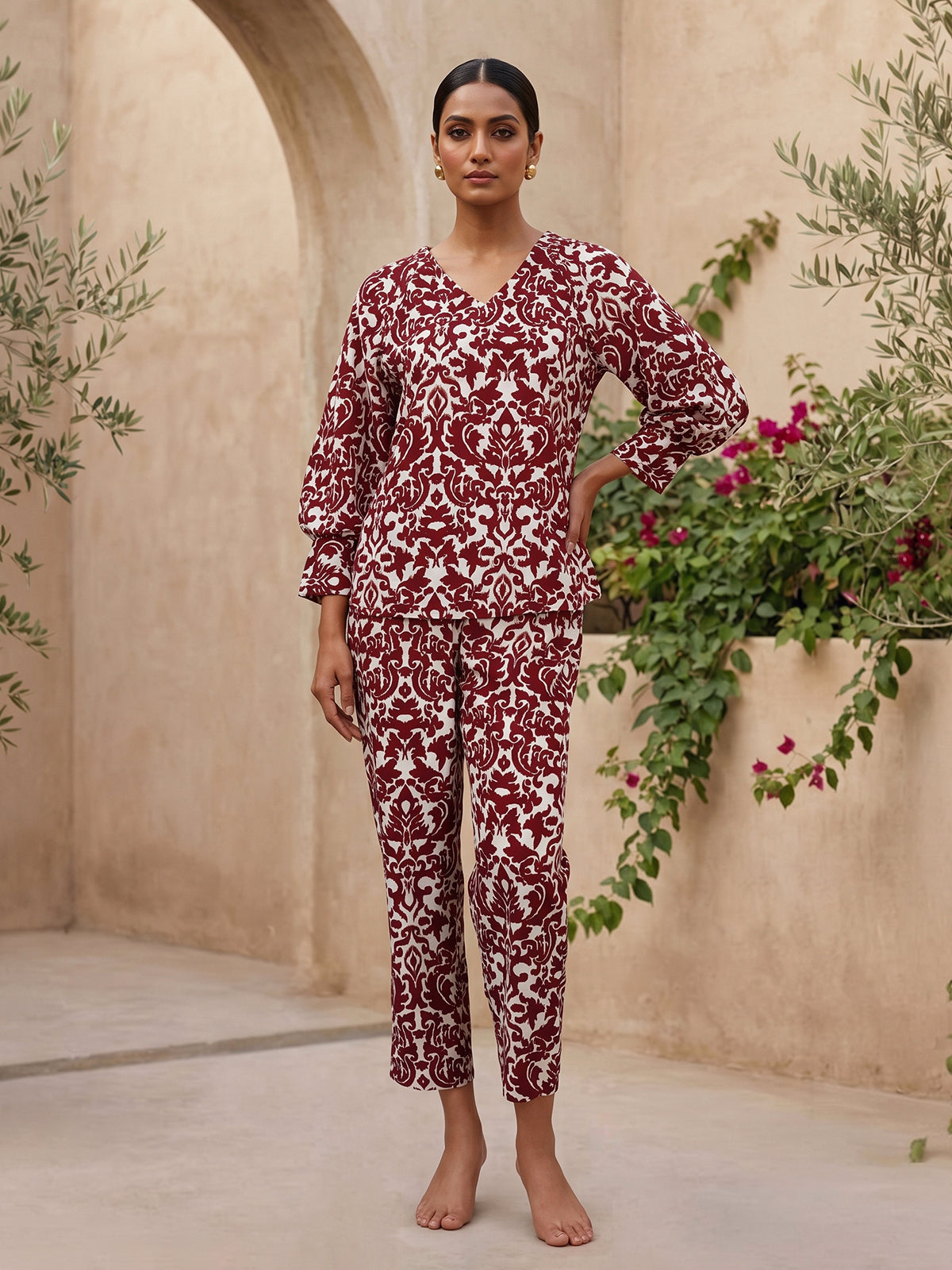 Maroon rayon cotton printed pant co ord set with V neck