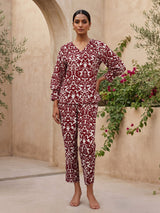 Maroon rayon cotton printed pant co ord set with V neck