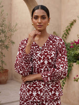 Maroon rayon cotton printed pant co ord set with V neck