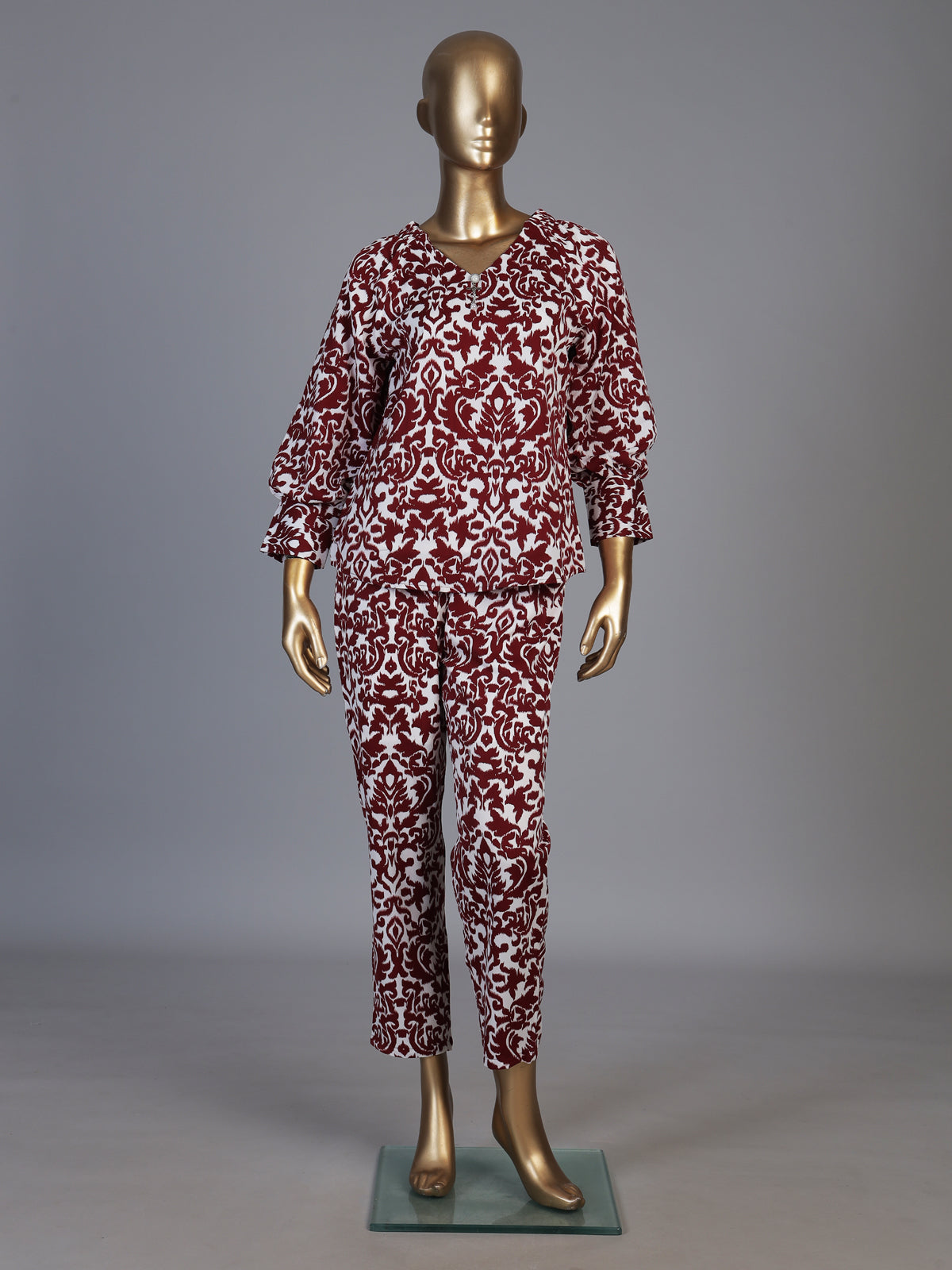 Maroon rayon cotton printed pant co ord set with V neck