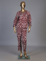 Maroon rayon cotton printed pant co ord set with V neck