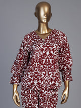 Maroon rayon cotton printed pant co ord set with V neck