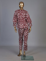 Maroon rayon cotton printed pant co ord set with V neck