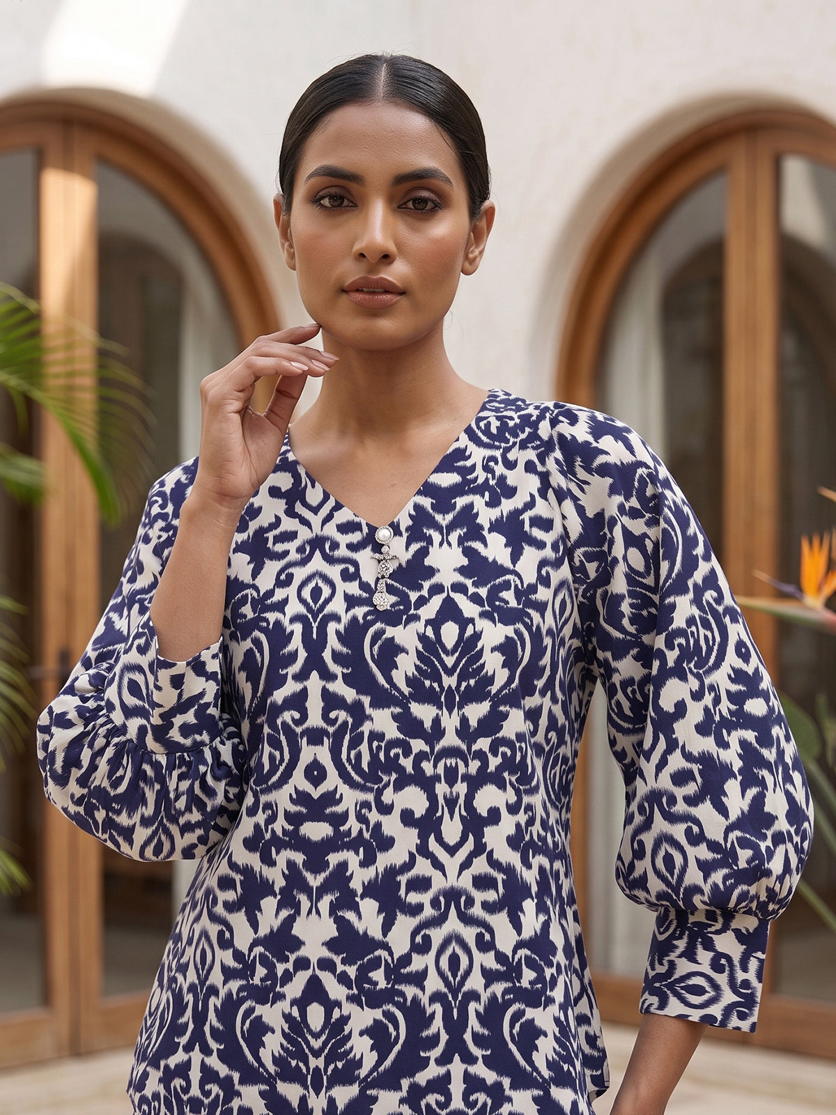 Blue rayon cotton printed pant co ord set with V neck