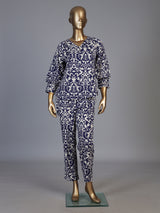 Blue rayon cotton printed pant co ord set with V neck
